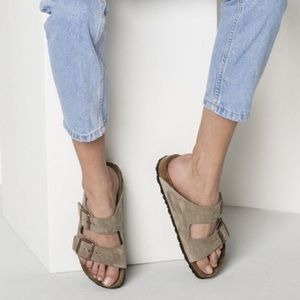 Birkenstock taupe suede leather sandals.